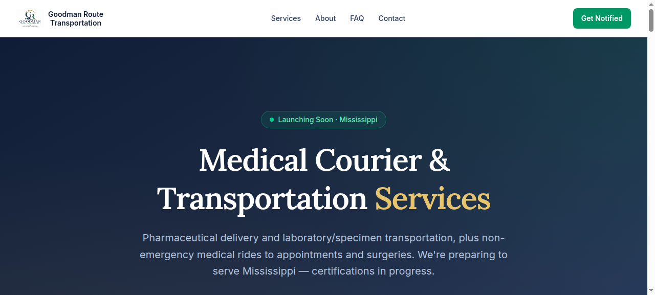 Screenshot of the Goodman Route Transportation website at goodmanroutetransport.com