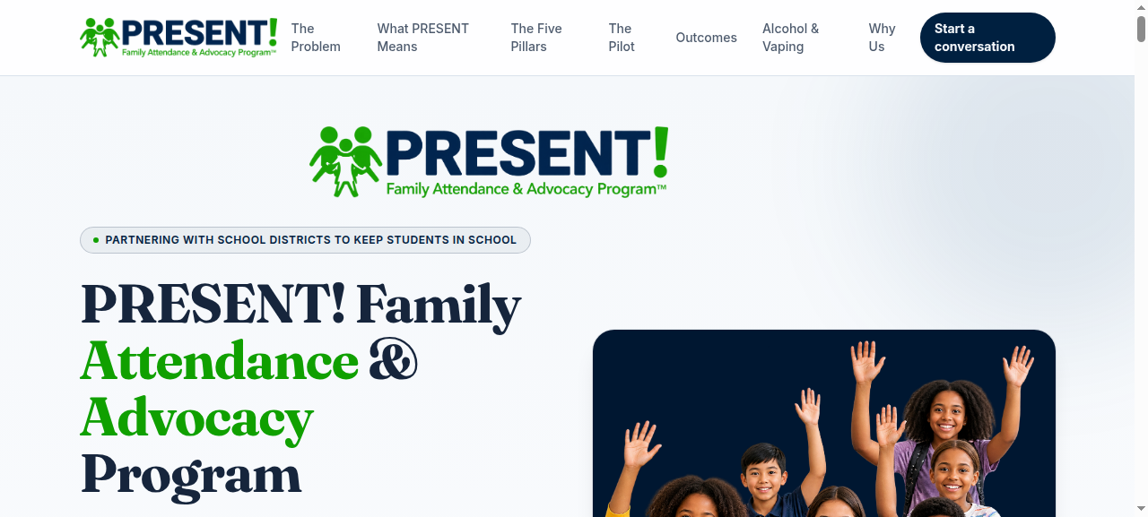 Screenshot of the PRESENT! Family Attendance & Advocacy Program website at presentfaa.com